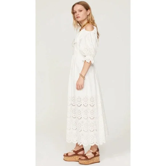 Ulla Johnson Narcisa White Eyelet Cotton Cold Shoulder Maxi Dress Size 8 - Picture 2 of 4